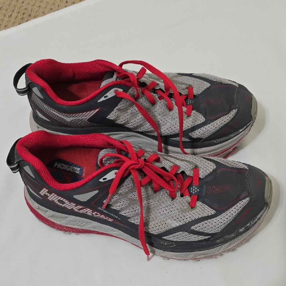 Hoka Red and Gray Running Shoes 10